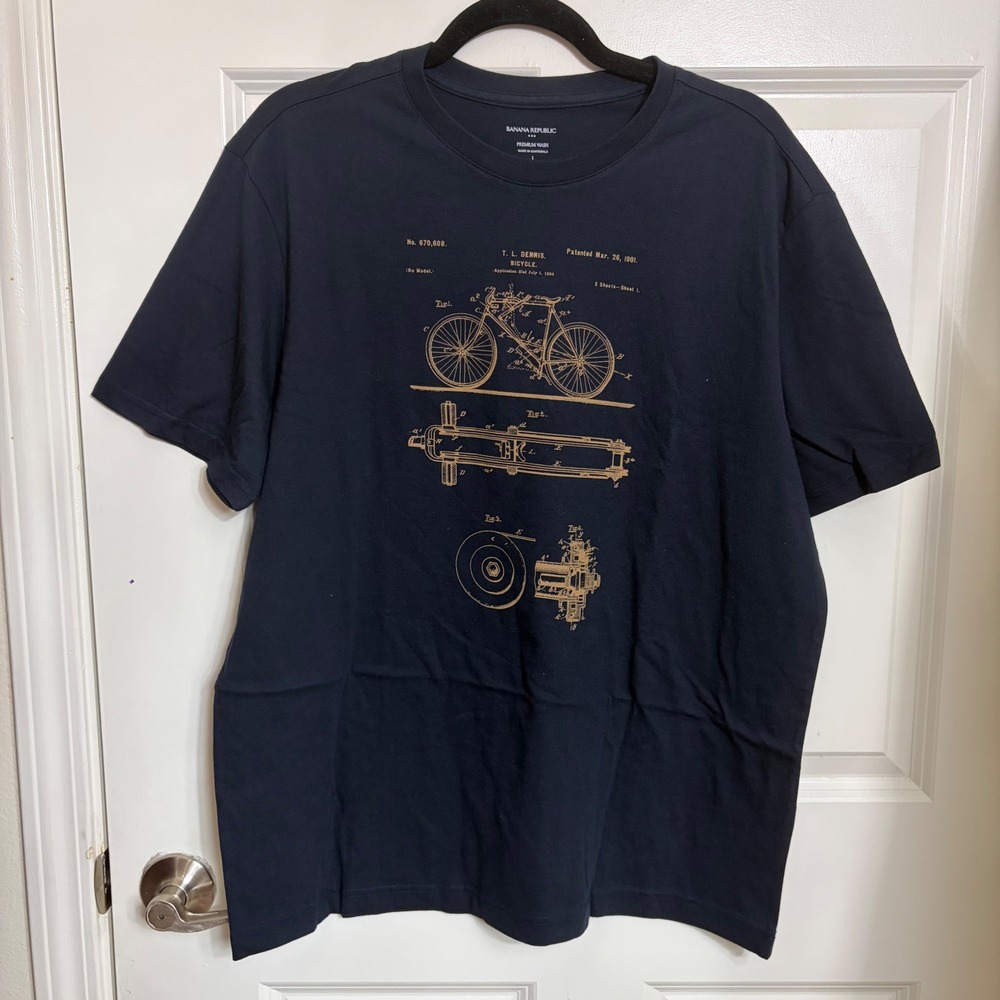 Banana Republic Mens Navy Blue Bicycle Patent Graphic T-Shirt L NWT